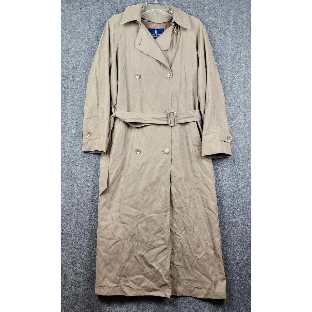 London Fog Trench Coat Womens 10 Reg Tan Belted Hooded Longline Double Breasted